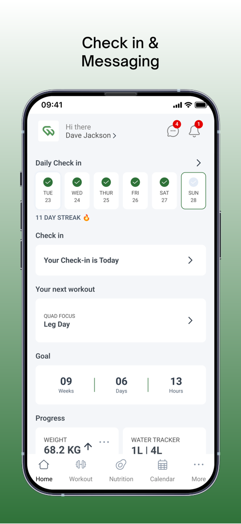 Get Fit Wise - Painel do aplicativo Get Fit Wise exibindo sequência de check-in diário, metas de treino e rastreamento de hidratação