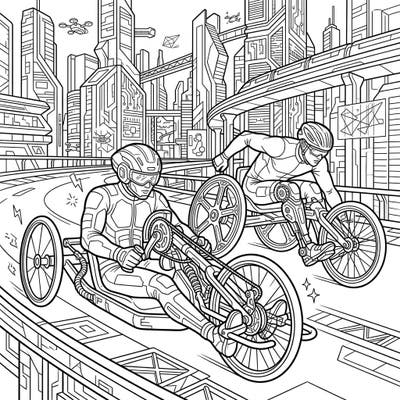 Experience the thrilling world of para-cycling reimagined in a stunning cyberpunk future. This dynamic coloring page features athletes on advanced handcycles racing through a neon-infused cityscape, ready for your creative touch.
