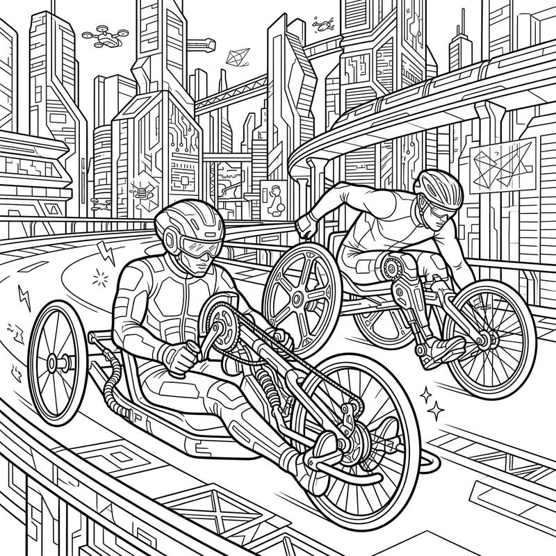 Experience the thrilling world of para-cycling reimagined in a stunning cyberpunk future. This dynamic coloring page features athletes on advanced handcycles racing through a neon-infused cityscape, ready for your creative touch.
