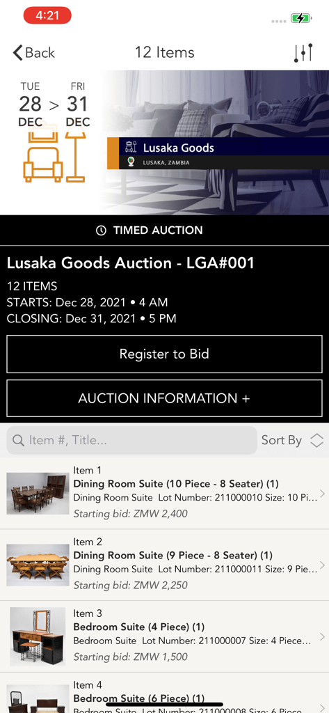 ABC Auctions Zambia app showing a list of auction items including dining and bedroom suites