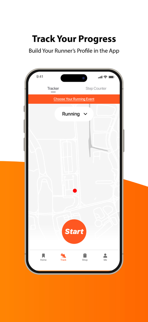 JomRun app screen showing the running tracker interface with a map and start button