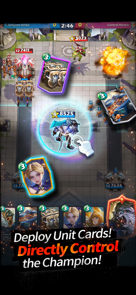Champion Strike - PVP Arena - Gameplay of Champion Strike PVP Arena showing direct champion control and unit card deployment in a fantasy battle