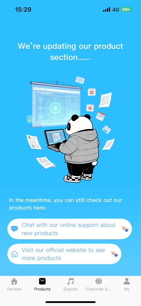 SOUNDPEATS app product section maintenance page with a cartoon panda illustration and support links