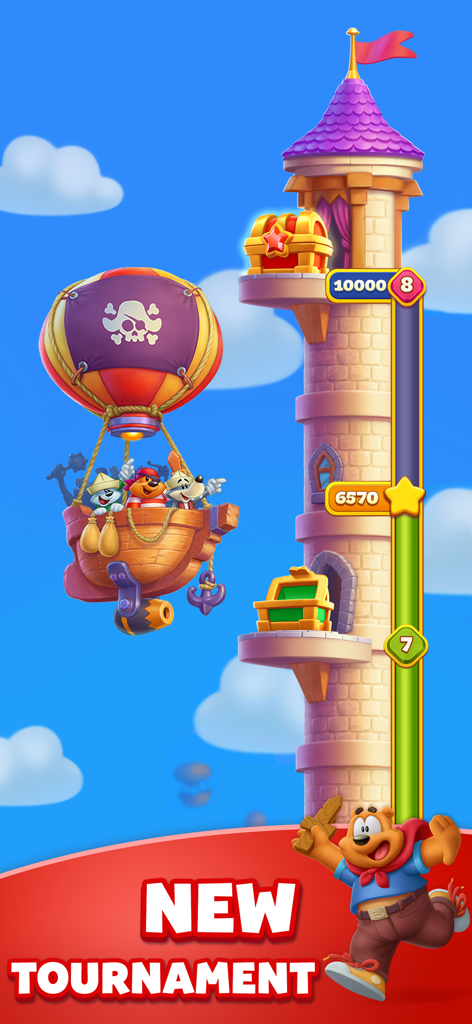 Cartoon characters in a pirate hot air balloon flying next to a medieval reward tower with treasure chests in a new tournament event.