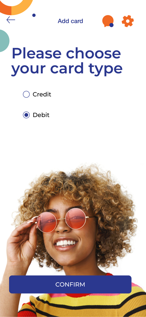 Sagicor Bank Barbados Limited - Sagicor Bank app interface for selecting a credit or debit card type with a smiling woman illustration