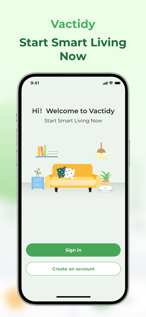 Vactidy - Vactidy app welcome screen with a living room illustration and sign in buttons
