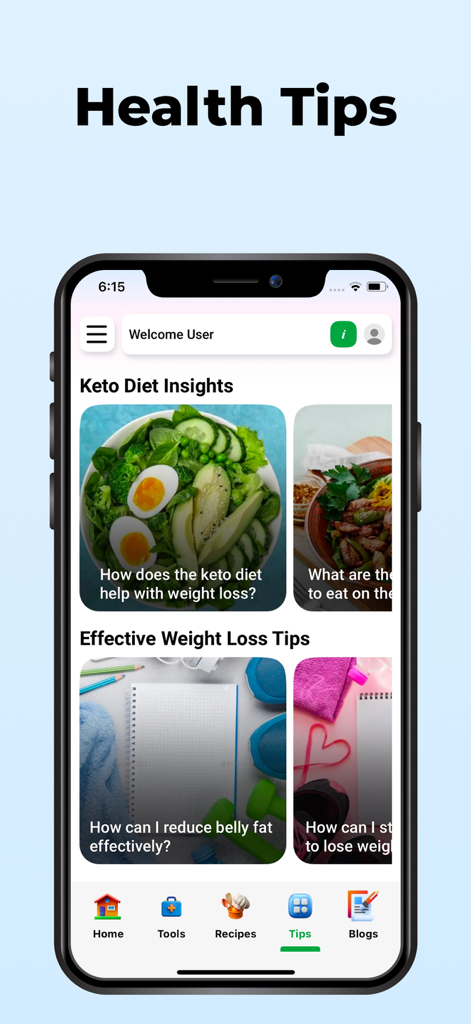 BMI-Calculator Weight App - Interfaz de la app Calculadora de IMC que muestra consejos de salud para la dieta keto y la pérdida de peso.