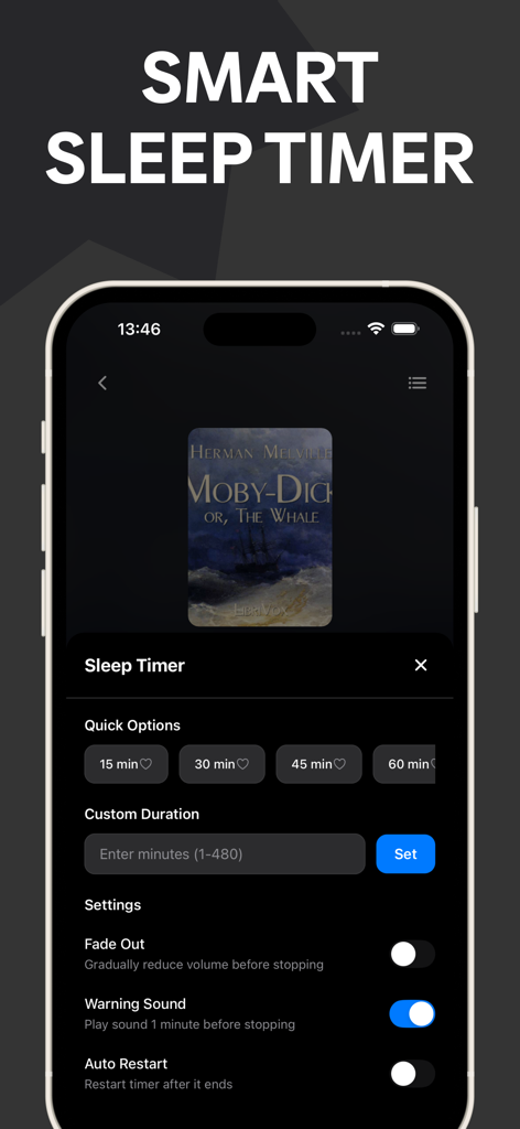 Interfaz de la aplicación Librivox mostrando la configuración del temporizador de sueño inteligente y el audiolibro Moby Dick en modo oscuro.