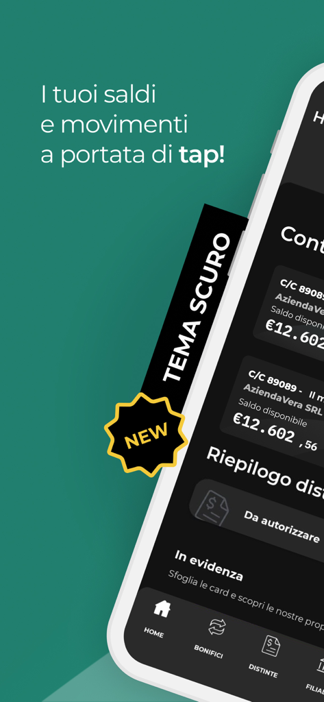 YouBusiness App - Banco BPM YouBusiness app interface showing account balances and dark mode functionality