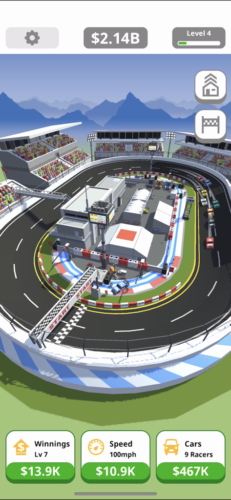 Vista general de una pista de carreras de baja poligonización 3D con coches y menú de mejora de magnate en Carreras de Tap Inactivo.