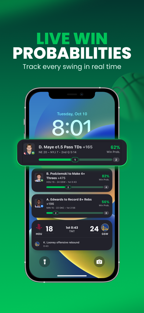 スマートフォンのロック画面にライブ勝利確率とベット追跡ウィジェットを表示しているAction Networkアプリ
