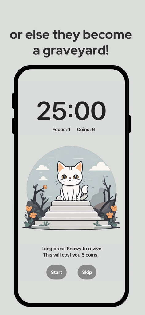 Study Cat - Pomodoro focus timer screen in the Study Cat app showing a kawaii cat character and revive option