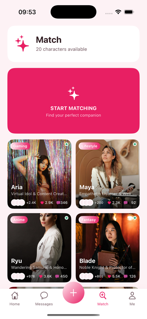 Evara - Chat & Companion - La pantalla de match de la aplicación Evara con varios perfiles de personajes de IA categorizados por géneros como Videojuegos, Estilo de vida, Anime y Fantasía.
