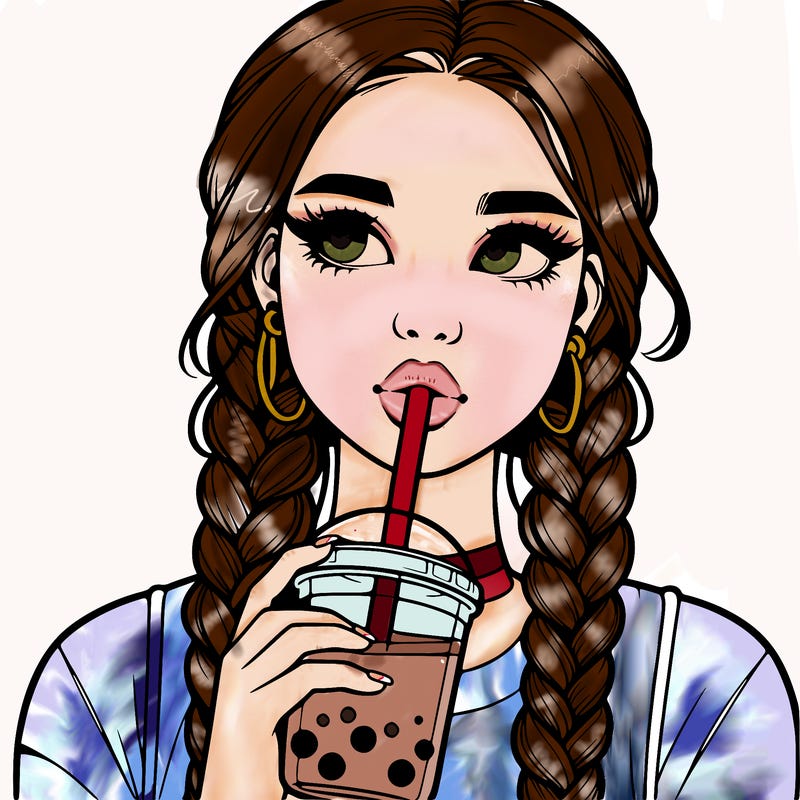 realistic girl with braided hair drinking boba