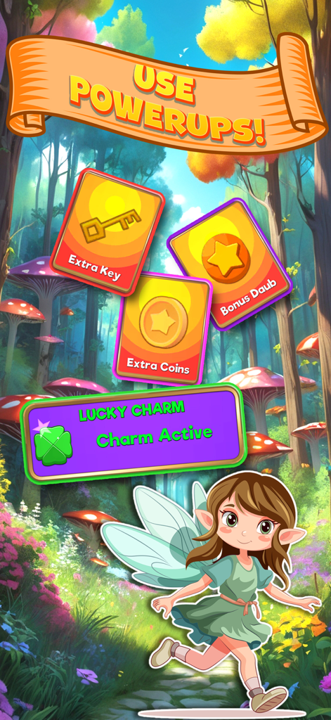 Bingo game Quest Summer Garden - Bingo Quest Summer Garden screen displaying powerup cards for extra keys and coins with a cute fairy in a magical forest