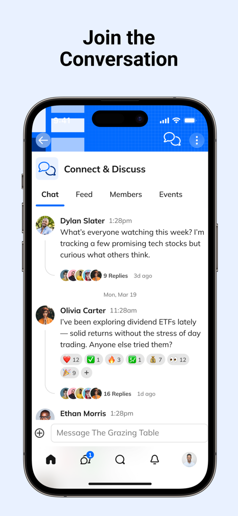 Briefs Finance - A community chat interface in the Briefs Finance app where users discuss tech stocks and dividend ETFs.
