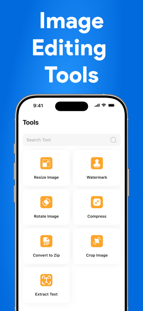 A mobile interface displaying image editing tools like Resize, Watermark, Compress, and Crop Image on a smartphone.