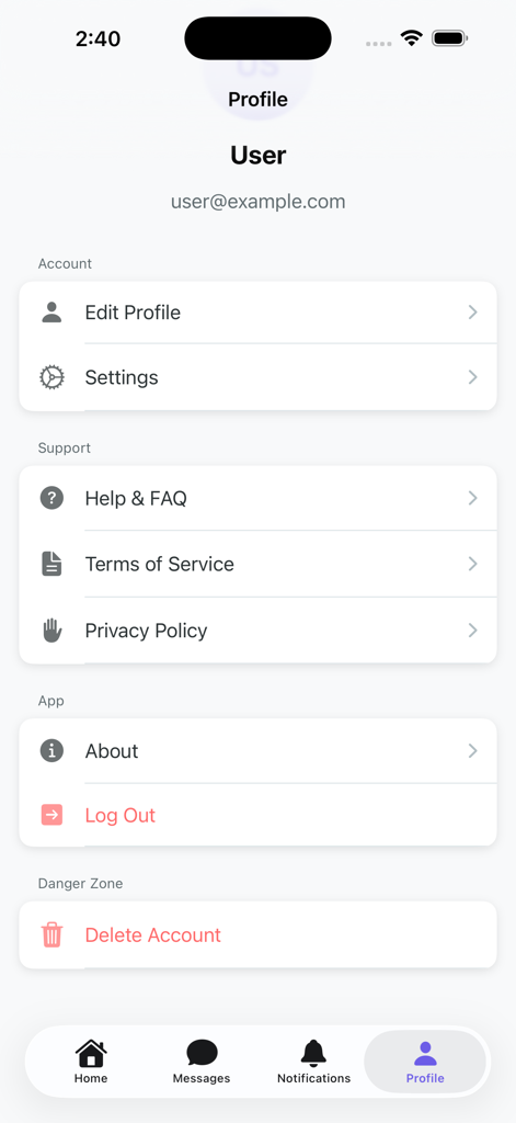 Écran de profil utilisateur de l'application PSme montrant les paramètres et les options de gestion de compte.