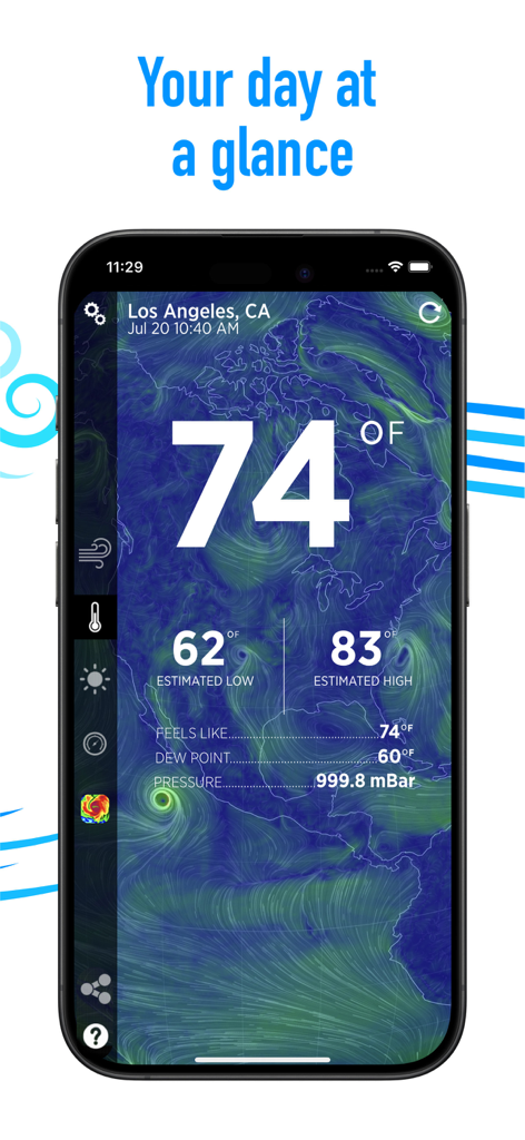 Wind Compass - Wind Compass app interface displaying a daily weather overview for Los Angeles including temperature and wind map visualization