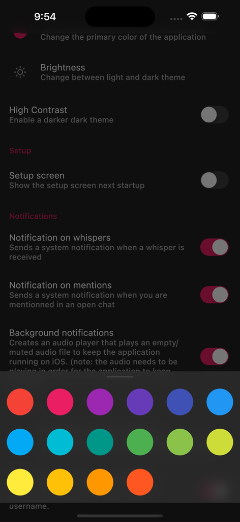 Chatsen - Settings screen of Chatsen app showing theme customization options and a color picker for personalization