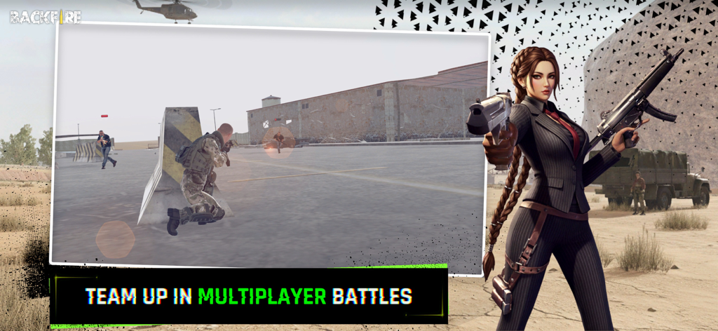 RH3: Backfire - A stylish female character holding guns in front of an online multiplayer battle scene in RH3 Backfire