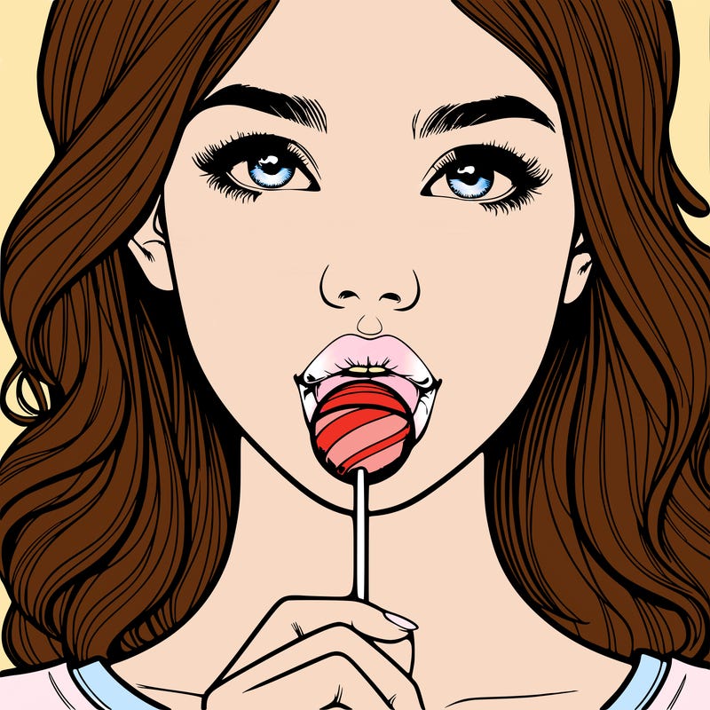 a realistic girl with a lollipop in her mouth