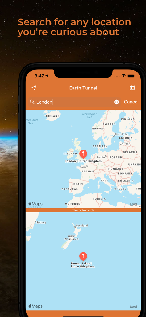 Earth Tunnel - A screenshot of the Earth Tunnel app map interface showing the search for London and its antipode