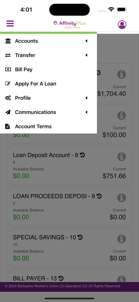 Side navigation menu of the AffinityPlus mobile banking app showing account options and bill pay features