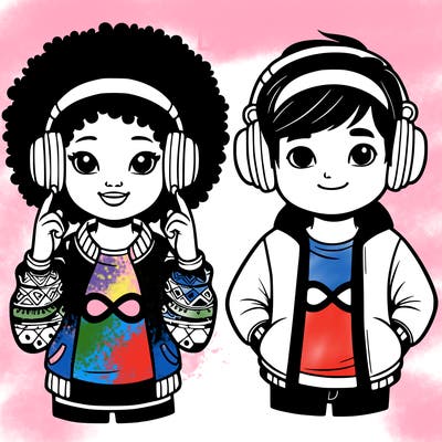 an afroamerican girl with headphones and a boy with headphones, they have an ♾️ symbol on their shirt