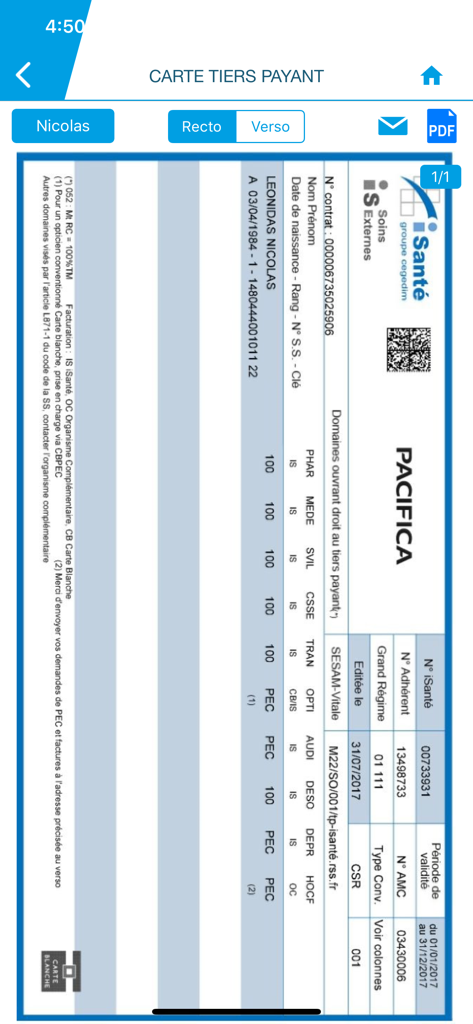 Digital health insurance card displayed in the Mes Assurances mobile app