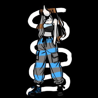 girl in baggy pants crop top and long hair