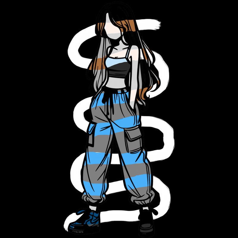 girl in baggy pants crop top and long hair