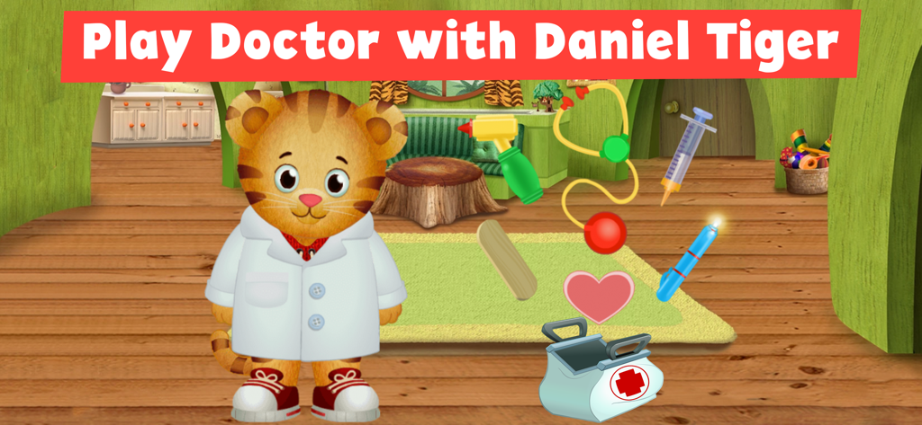 Daniel Tiger’s Play at Home - Daniel Tiger vistiendo una bata de doctor con herramientas médicas en una sala de juegos