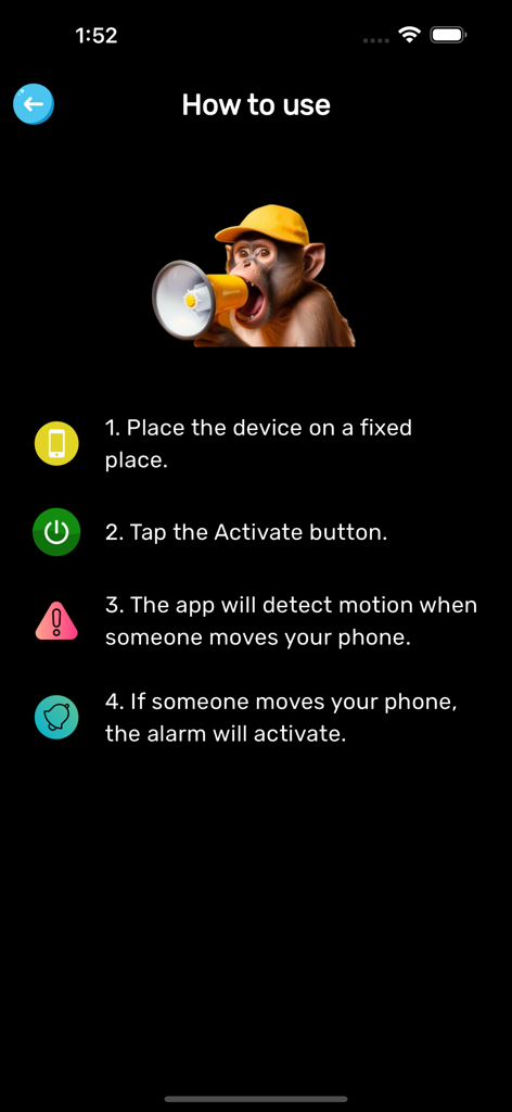 Don't Touch My Phone : Alarm° - Step by step instructions on how to use the Don't Touch My Phone Alarm app featuring a monkey with a megaphone