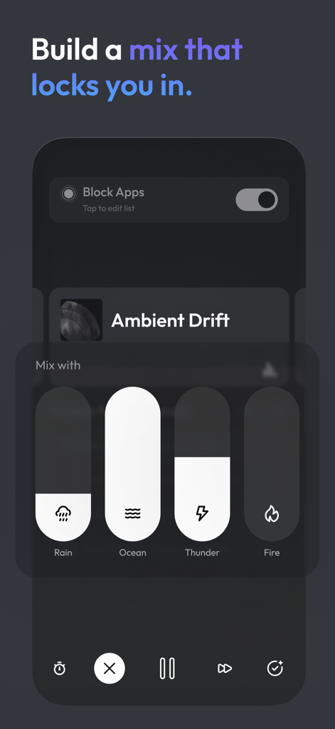 Soundscape: Focus & Deep Sleep - Soundscape app interface showing custom sound mixing for rain and ocean with a block apps toggle