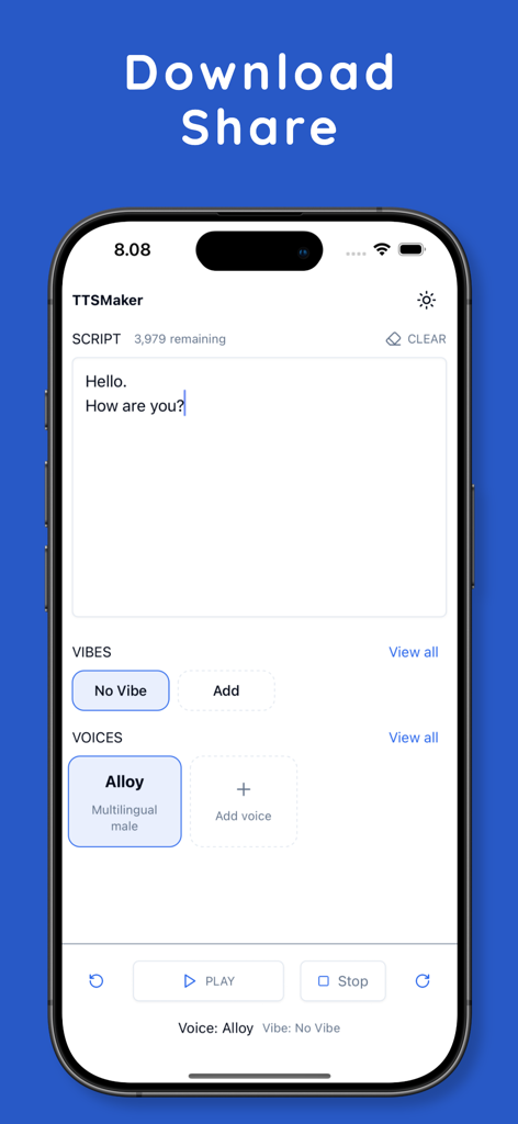 Speechma - AI TTS Speech Maker - Speechma app screen showing text to speech script editor and AI voice settings