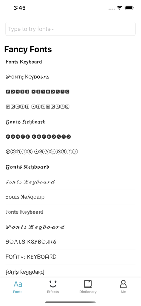 Fonts Keyboard - A preview of multiple decorative text styles available in the Fonts Keyboard app.