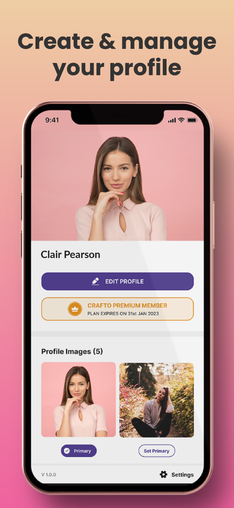 A screenshot of the Crafto app user profile page showing premium membership status and a photo gallery for personalization.