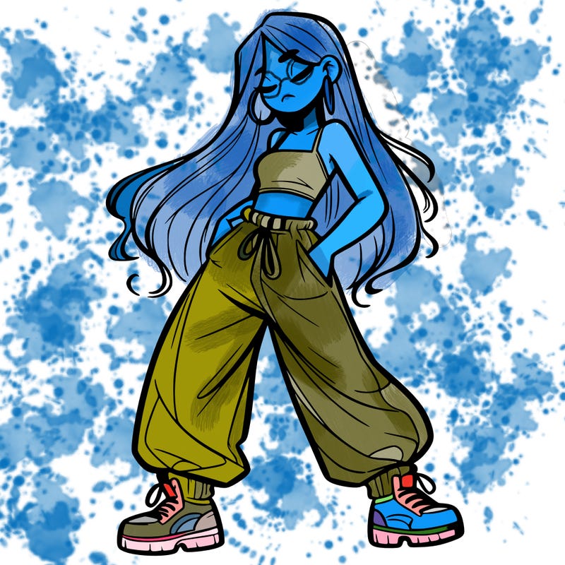 girl in baggy pants crop top and long hair