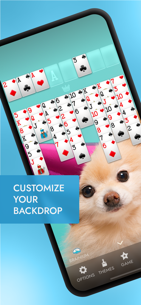 FreeCell-Solitaire-Spiel auf einem Smartphone mit einem anpassbaren Hintergrund mit einem Foto eines Hundes.