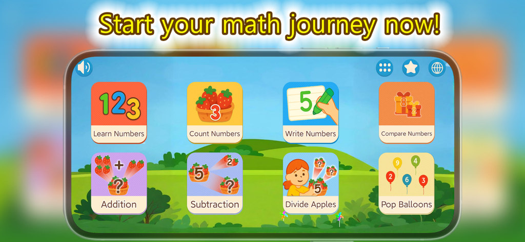 Counting Magic- kids math 123 - Pantalla del menú principal de la aplicación de aprendizaje de matemáticas para niños con juegos de conteo y aritmética