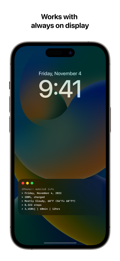 Widgets for Dynamic Island • - iPhone lock screen in always on mode showing a terminal style widget with health and system data