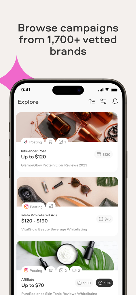 Insense: Brand Collabs - コンテンツクリエイター向けの推定収益が表示された、利用可能なブランドコラボレーションキャンペーンを示すInsenseアプリのインターフェース