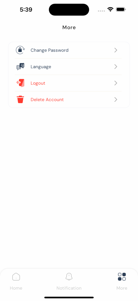 M.H.G. - Schermata delle impostazioni aggiuntive dell'app MHG che mostra le opzioni di gestione dell'account