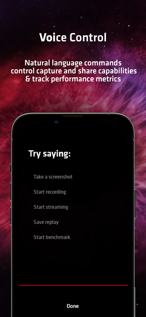 Voice control interface in AMD Link app displaying natural language commands for capturing screenshots and starting streams.