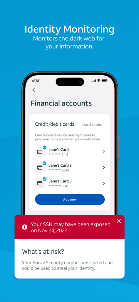 AT&T ActiveArmor app screen showing identity monitoring for financial accounts and an alert for a Social Security number breach.