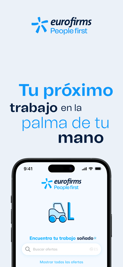 Eurofirms - Ofertas de trabajo - Smartphone screen displaying the Eurofirms job search app interface with the tagline your next job in the palm of your hand.