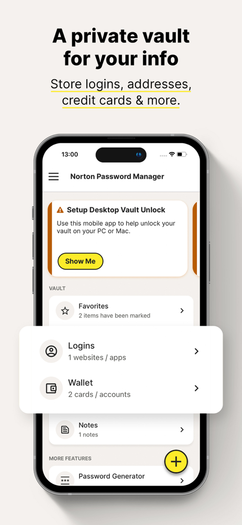 Norton Password Manager interface showing the private vault for storing logins and wallet information