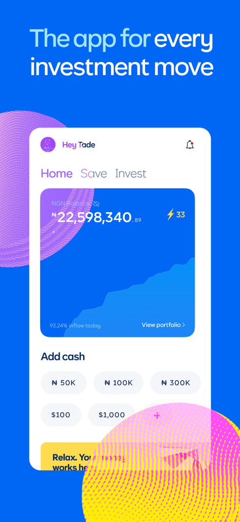 Cowrywise mobile app interface displaying a savings and investment dashboard with balance in Naira and fund addition options.