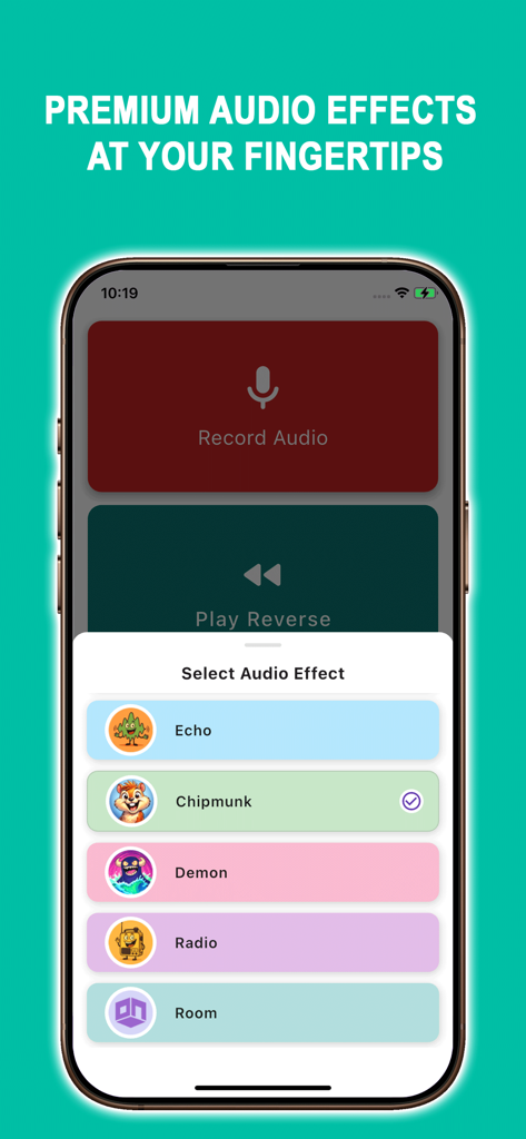 Reverse Singing Audio Trend - Interface of the Reverse Singing app showing a menu to select premium audio effects like chipmunk and demon